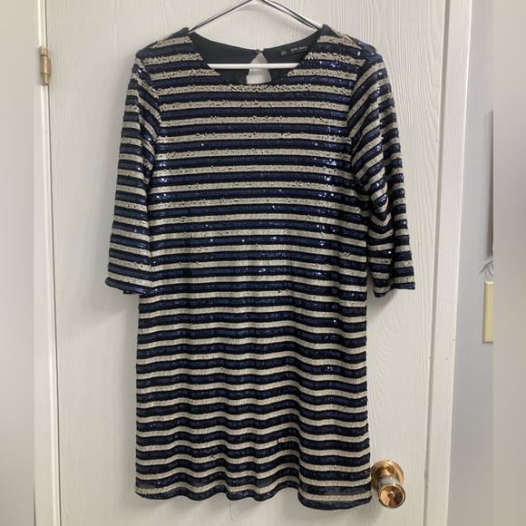 Navy blue and gold sequinned Zara dress. - Picture 1 of 2